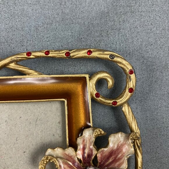 Ornate Metal Picture Photo Frame Hang or Stand 3.5 x 5" Orchids & Rhinestones - Picture 3 of 3